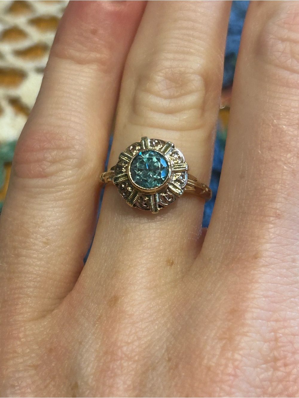 Vintage art deco? 18K Yellow & Rose gold Blue zircon size 6.25 - Picture 6 of 6